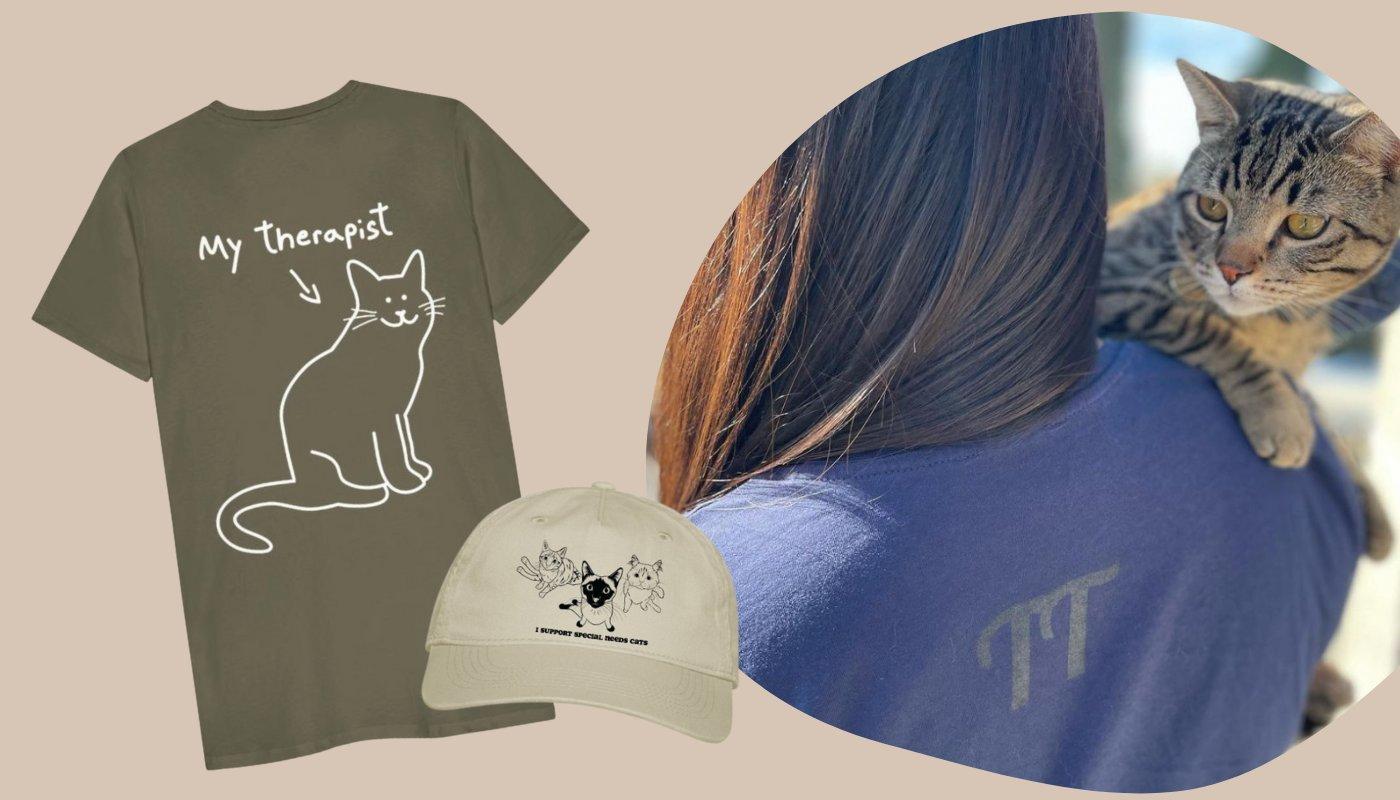 cat themed t-shirt and cap from real shop owner